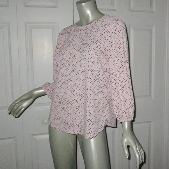 ADRIANNA PAPELL Pink/Black Polka Dot Smocked Long Sleeve Blouse - Picture 3 of 7